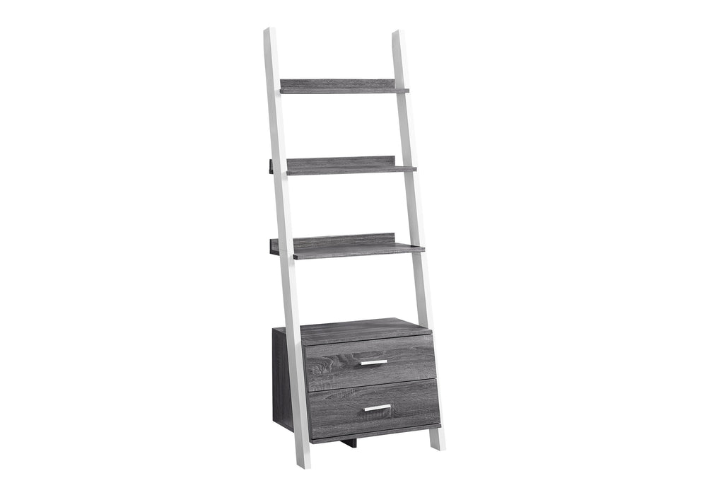 English Elm Bookshelf, Corner 5-Tier Ladder Etagere 71" Tall Space-Saving Bookcase in Modern Black Finish Grey 44 L x 20 W x 8 H B2710P219120