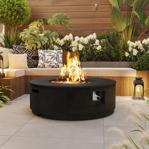 English Elm U_style Round Mgo Propane Fire Pit 50000 Btu Sculptural Outdoor Patio Table with Lava Rocks Black N711P410549E