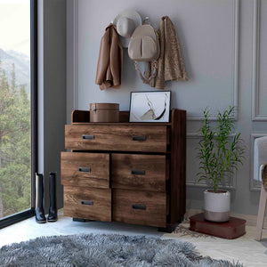 English Elm Anemone Elegant 5-Drawer Dresser with Double Drawer & Spacious Storage, Durable Particleboard Design Brown 37 L x 21 W x 6 H B128S00078