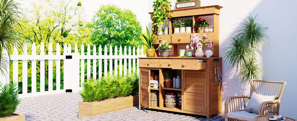 English Elm Topmax Fir Wood Hutch Potting Bench with Drawers Shelves Mudroom Storage N717P229024A
