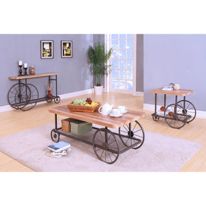 English Elm Oak Industrial Sofa Table with Antique Gray Shelf, Wood Top, Metal Frame & Wheels for Stylish Storage B062P189205