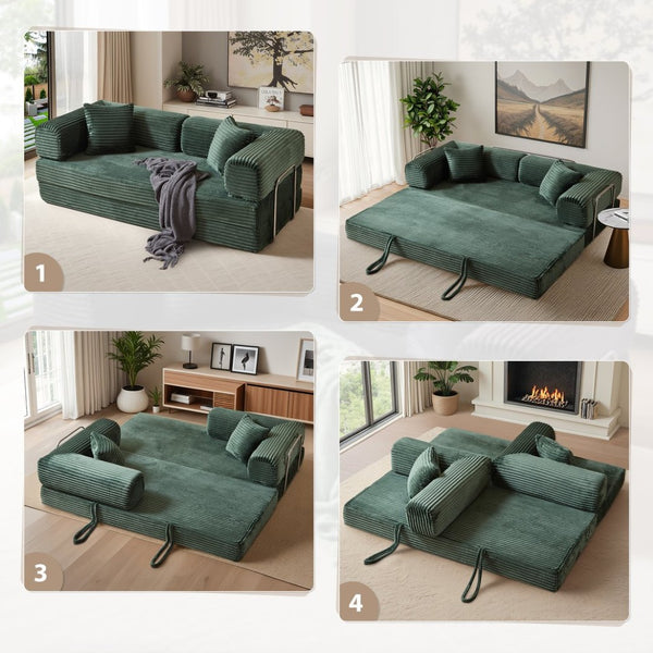 English Elm Compression Foldable Floor Sofa Bed Corduroy Futon with Foam Support for Small Spaces Green W3716P379189