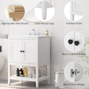 English Elm 24" Morandi White Bathroom Vanity with Ceramic Sink, Solid Wood Frame & Open Shelf, Modern Elegance N725P189823K