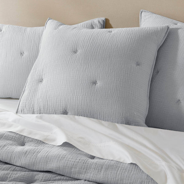 JLA Home Harbor House Blue - Cotton breathable muslin Euro sham with crinkled gauze and delicate embroidery for cozy layered style Blue HH11-1892