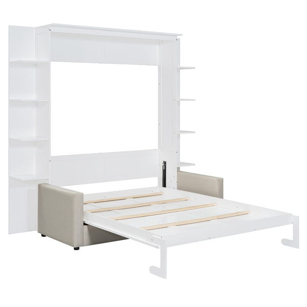 English Elm Queen Murphy Bed with Integrated Sofa Space Saving Fold Down Cabinet for Studio Living White LP000591AAK-1