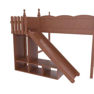 English Elm Queen Solid Pine Loft Bed with Wardrobe Shelves Detachable Slide and Dual Sleeping Zones Antique Natural W5305S00030