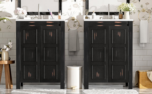 English Elm 48" Vintage Style Bathroom Vanity Cabinet with Ceramic Sink, Soft-Close Doors, Adjustable Shelf, Espresso Finish N729P000003P