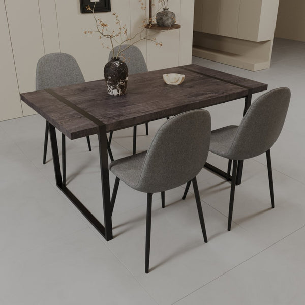 English Elm 59" Industrial Dining Set with Suede Chairs Matte Metal Base Mdf Table Seats Four Black+Grey W2189S00939