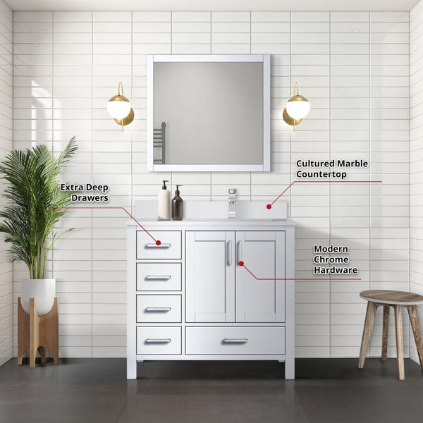 English Elm White Bath Vanity Set With Right-Offset Cultured Marble Top, Chrome Faucet & Matching 34" Mirror B2731S01329-GIGA