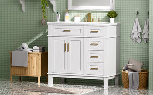 English Elm 36" Navy Bathroom Vanity Solid Wood Frame Ceramic Sink Gold Hardware Soft Close White N729P380151K
