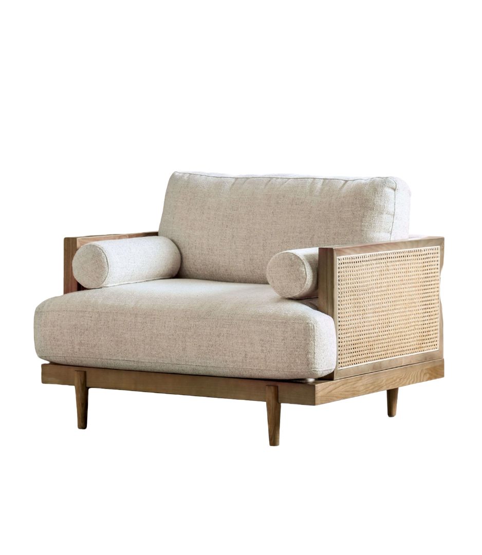 English Elm Mid-Century Beige Chair with Bolster Pillow, Ash Wood Legs & Rattan Panel — Retro Modern Comfort B2741P378636
