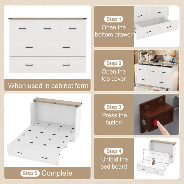 English Elm Murphy Full-Size Cabinet Bed with Built-In Charging Station, Storage Drawer & 700lb Capacity Comfort White 57.25 L x 27 W x 6 H N733S293997W