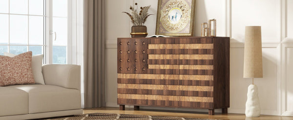 English Elm 55" Solid Walnut Buffet Sideboard Hand Carved Artisan Cabinet with Drawers and Doors W2977S00001
