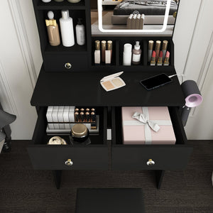English Elm Modern Vanity Desk with Led Mirror 3 Drawers Built-in Outlet and Matching Chair Black W509P465833
