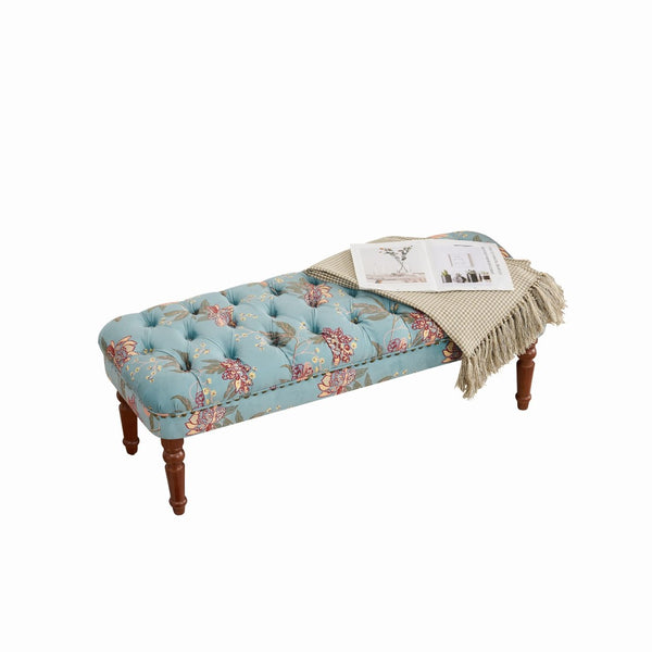 English Elm European Tufted Floral Upholstered Bench with Turned Legs for Bedroom or Living Room W3373P453377