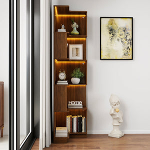 English Elm Corner 5-Tier Book Shelf with LED Accent Lighting, Space-Saving L-Shaped Corner Bookcase for Home Walnut W331P293305