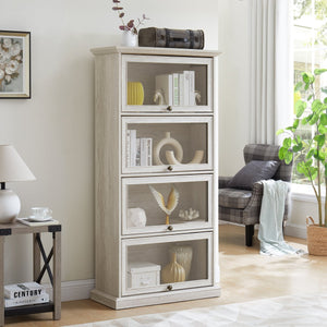 English Elm Glass 4-Tier Display Cabinet with Tempered Glass Doors, Flip-Up Access, Aluminum Frame, Elegant Chic Storage for Collectibles and Books Antique White W2275P206602