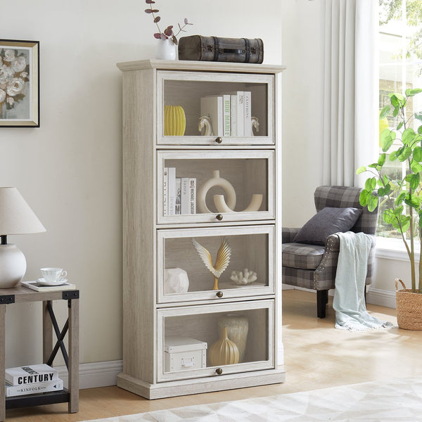 English Elm Glass 4-Tier Display Cabinet with Tempered Glass Doors, Flip-Up Access, Aluminum Frame, Elegant Chic Storage for Collectibles and Books Antique White W2275P206602