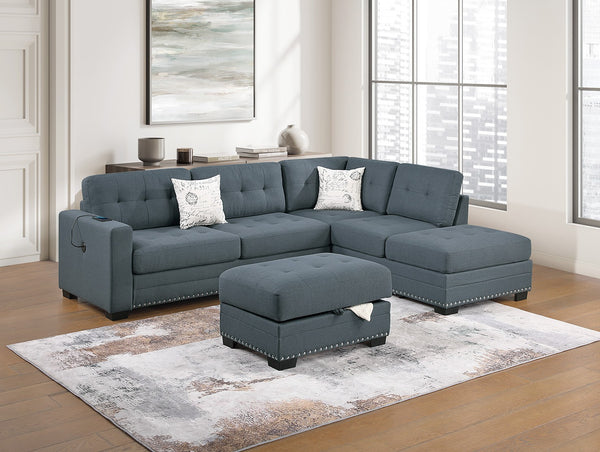 English Elm Living L-Shaped Sectional Sofa Set with Reversible Chaise, Tufted Burlap Fabric, Storage Ottoman, USB Port Dark Gray 34 L x 26 W x 45 H B011S01775