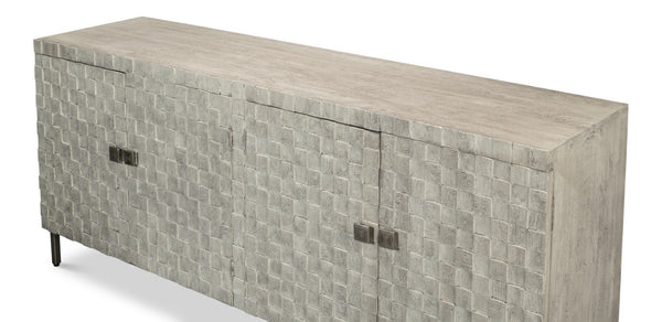 Sarreid Cubist Four Door Sideboard - Stylish Mango Wood Design With 2 Removable Shelves For Modern Spaces Grey  53823