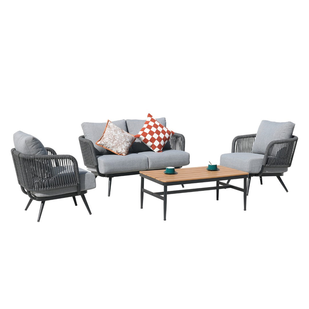 English Elm 4-piece Outdoor Aluminum Conversation Set with Woven Rope Swivel Chairs and Olefin Cushions T5880S00020
