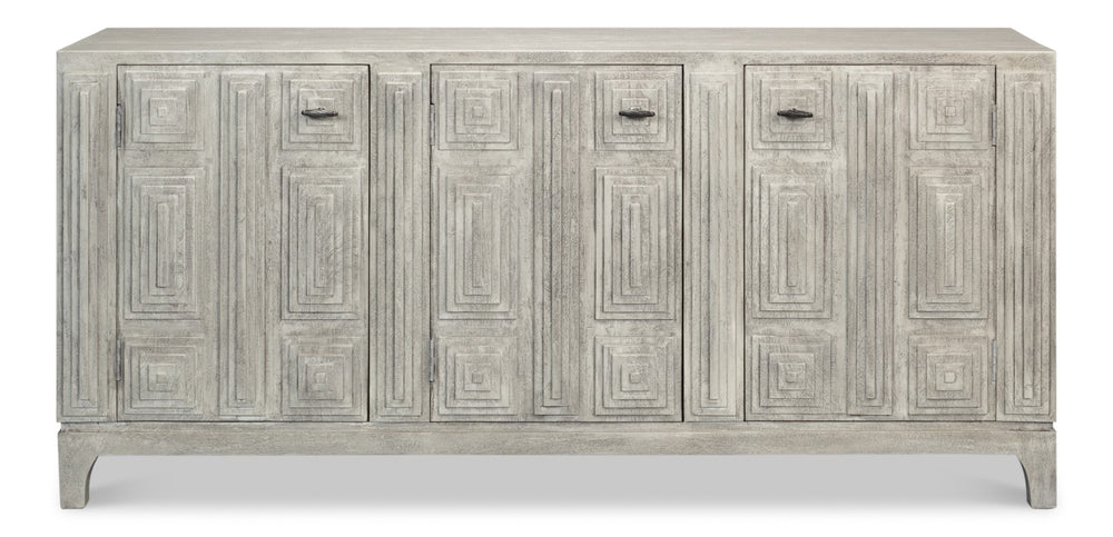 Sarreid Rafina Three Door Sideboard - Stylish Mango Wood Design With 3 Removable Shelves For Versatile Storage Grey  53826