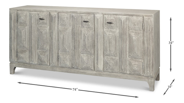 Sarreid Rafina Three Door Sideboard - Stylish Mango Wood Design With 3 Removable Shelves For Versatile Storage Grey  53826