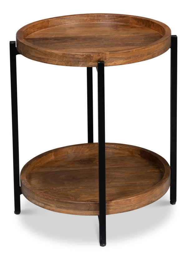 Sarreid Profile Round End Table - Stylish Mango Wood Top With Black Iron Base For Modern Living Spaces Brown  53837