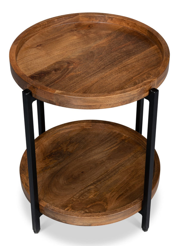 Sarreid Profile Round End Table - Stylish Mango Wood Top With Black Iron Base For Modern Living Spaces Brown  53837