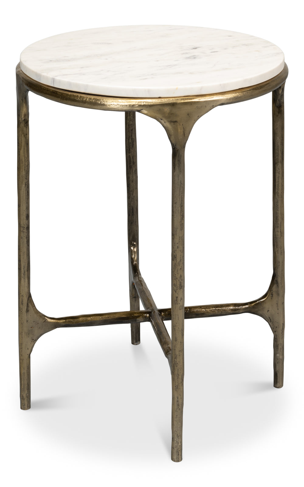 Sarreid Gimlet Round End Table - Stylish Iron Frame With Elegant Brass Coating & Luxurious Marble Top White  53838