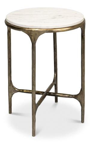 Sarreid Gimlet Round End Table - Stylish Iron Frame With Elegant Brass Coating & Luxurious Marble Top White  53838