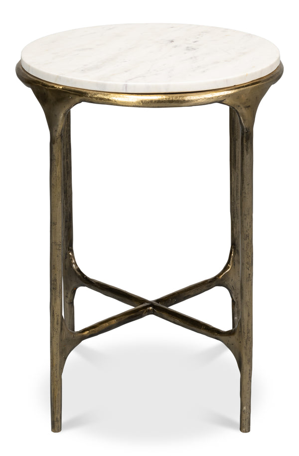 Sarreid Gimlet Round End Table - Stylish Iron Frame With Elegant Brass Coating & Luxurious Marble Top White  53838
