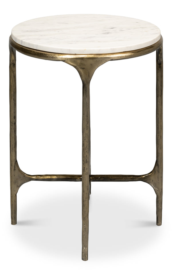 Sarreid Gimlet Round End Table - Stylish Iron Frame With Elegant Brass Coating & Luxurious Marble Top White  53838