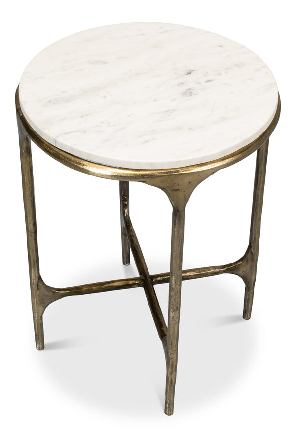 Sarreid Gimlet Round End Table - Stylish Iron Frame With Elegant Brass Coating & Luxurious Marble Top White  53838