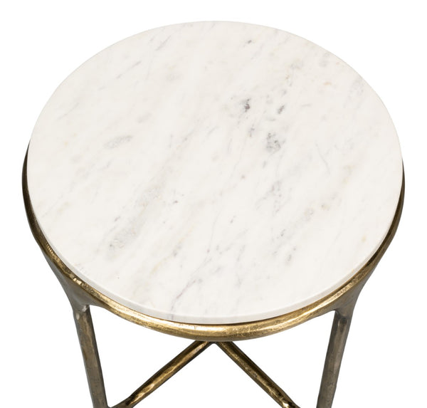 Sarreid Gimlet Round End Table - Stylish Iron Frame With Elegant Brass Coating & Luxurious Marble Top White  53838