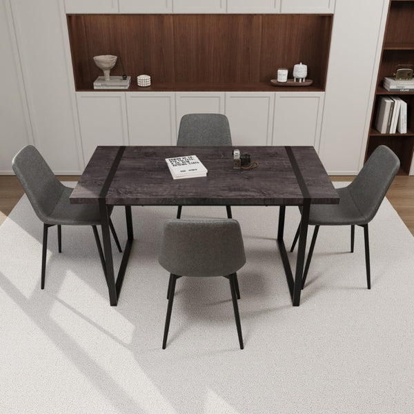 English Elm 59" Industrial Dining Set with Suede Chairs Matte Metal Base Mdf Table Seats Four Black+ Gray W2189S00817