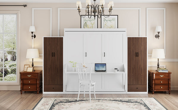 English Elm Queen Murphy Wall Bed with Fold Down Desk Dual Wardrobes and Drawers in White LP000925AAK
