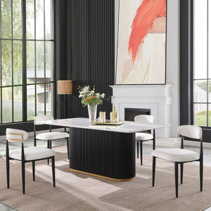 English Elm 69 Inch Faux Marble Rectangular Dining Table Gold Trim Fluted Pedestal Seats Four W5739S00007