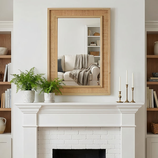 English Elm Natural Rattan Wrapped Solid Wood Frame Rectangle Mirror for Farmhouse Entryway Bath Natural Wood W2203P436620