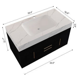 English Elm 39.4 Inch Floating Bathroom Vanity Sintered Stone Top Solid Wood 2 Soft Close Drawers W3136S00081