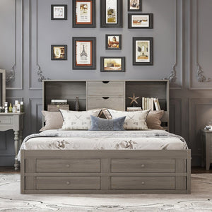 English Elm King Platform Bed with 8 Drawers Open Headboard Compartments and Pine Wood Frame Gray GX000454AAE-1