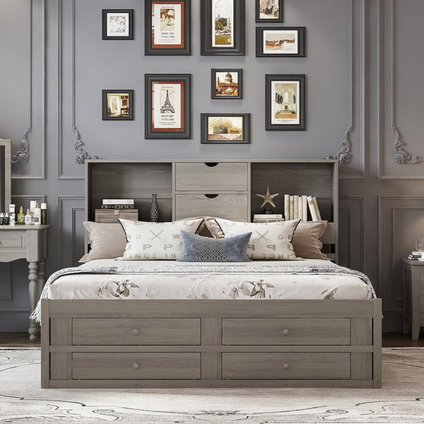 English Elm King Platform Bed with 8 Drawers Open Headboard Compartments and Pine Wood Frame Gray GX000454AAE-1