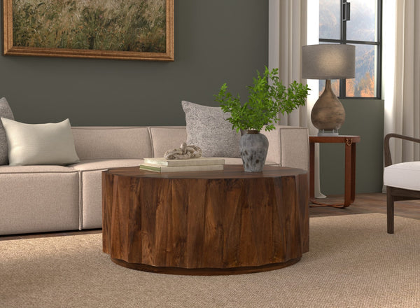 Sarreid Denali Round Cocktail Table – Stunning Mango Wood Design For Stylish Living Room Decor & Entertainment Brown  53859