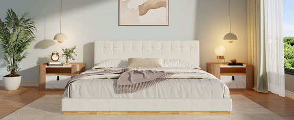 English Elm Solid Rubberwood King Platform Bed Tufted Upholstered Headboard Modern Bedroom Frame N769P387939W