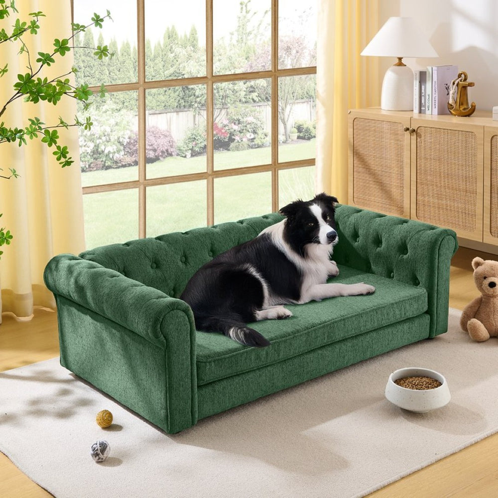 English Elm Elegant Oversized Dog Sofa Elevated Linen Upholstered Pet Bed for Large Breeds W487P311776