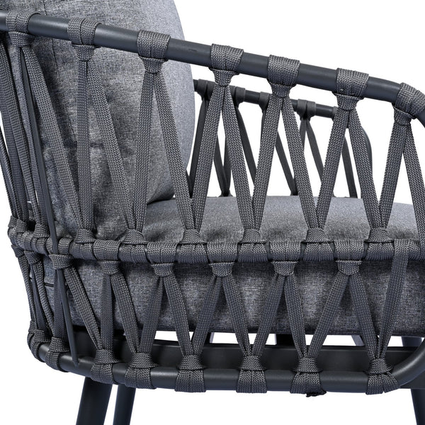 English Elm Christopher Knight Home® - 4-Piece Outdoor Patio Set with Woven Rope U-Back, Steel Frame, Thick Cushions & Acacia Table for Garden Black+Grey N780P209458G