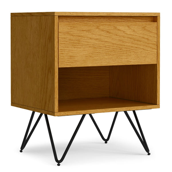 English Elm Hunter Handcrafted Nightstand with Solid Wood Veneer, Single Drawer & Open Shelf, Modern Industrial Design Oak B136P364303