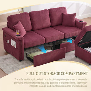 English Elm UNITED Corduroy L-Shaped Sectional Sofa with Storage Ottoman, USB Ports, Cup Holders & LED Lighting WINE RED W1568P332410