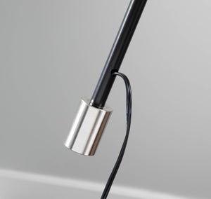 English Elm Mid-century Modern Arc Floor Lamp with Bentwood Base and Black Linen Reading Shade B202S02209