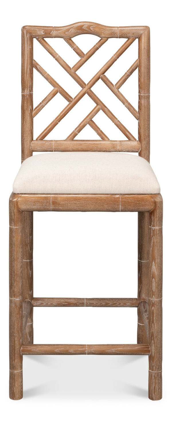 Sarreid Brighton Counter Stool - Stylish White Wash Finish With Durable Linen Fabric & Solid Ash Wood Frame Beige  53870